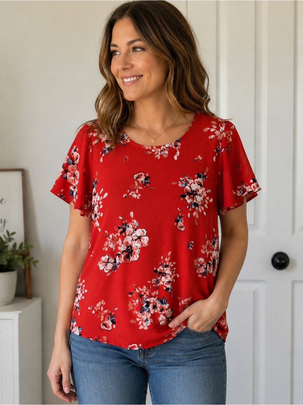 Rewind Red Floral Short Sleeve Bubble Hem Top- Women’s Medium